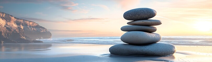 Fototapete - Zen Rocks Stacked on Beach at Sunset Symbol of Balance and Harmony for Meditation Relaxation and Peaceful Scenery : Generative AI