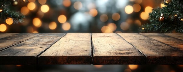 Poster - Rustic Wooden Tabletop with Defocused Christmas Lights Holiday Season Display Background Festive Mood : Generative AI