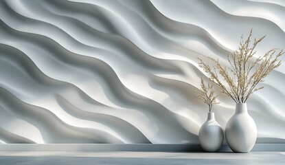 Aufkleber - Elegant minimalist interior with white textured wall and modern vases showcasing dried grass decor : Generative AI