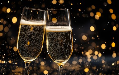 Poster - Elegant Champagne Toast with Golden Bokeh Lights Celebration and Festive Mood for New Year's Eve Anniversary or Special Occasion : Generative AI