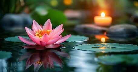 Poster - Pink Water Lily Floating on Pond with Candlelight Reflection for Peace Calm and Spiritual Wellness Retreat : Generative AI
