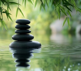 Fototapete - Zen Stone Stack in Water with Green Bamboo Leaves Peaceful Still Life Calm Meditation Spa Therapy Nature Reflection Wellness : Generative AI