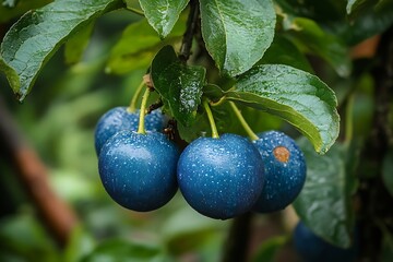 Poster - CloseUp of Fresh Blue Plums with Water Droplets Hanging on a Branch in Lush Green Foliage : Generative AI