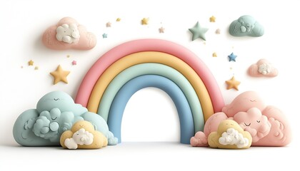 Aufkleber - Playful 3D rainbow surrounded by cute clouds and cheerful stars in a whimsical pastel illustration design : Generative AI