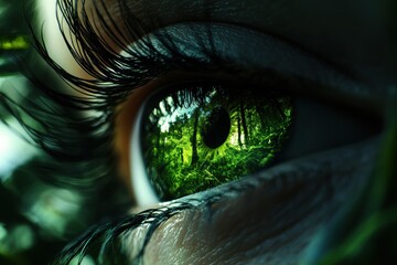 Poster - Close-up of eye showcasing vibrant forest reflection in iris with green tones highlighting natures beauty