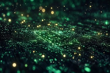 Fototapete - Futuristic Circuit Board Illustration with Glowing Green Lights and Data Flow Abstract Technology Background High Tech Innovation : Generative AI