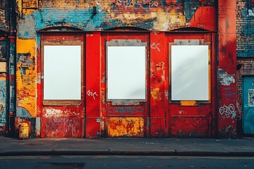Poster - Urban Street Art with Blank Posters on Red Wall Colorful Graffiti Grunge Background Advertising Mockup City Scene : Generative AI