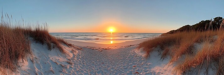 Poster - Panoramic Beach Sunset with Golden Light Sandy Path and Sea Oats for a Tranquil Coastal Scene : Generative AI
