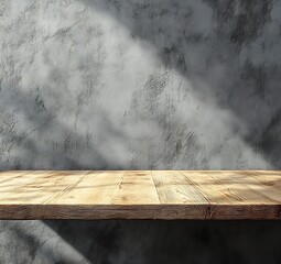 Aufkleber - Empty Wooden Table Product Display with Sunlight Streaming on Gray Concrete Wall Background for Mockup : Generative AI