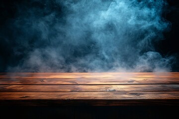 Aufkleber - Rustic Wooden Table with Dramatic Blue Smoke Background for Product Display and Creative Mockups : Generative AI