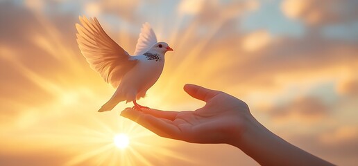Aufkleber - Elegant Dove Displayed on an Open Hand with Wings Raised Against a Vibrant Sunset : Generative AI