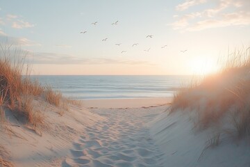 Poster - Serene Beach Sunset with Seagulls Coastal Landscape with Sand Dunes and Warm Light Tranquil Ocean View : Generative AI
