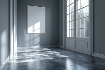 Aufkleber - Elegant Room with Empty Frame Mockup on Wall Modern Interior Design Minimalist Home Decor Bright Sunlight and Shadows : Generative AI