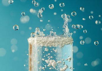 Fototapete - Clear Glass of Sparkling Water with Rising Bubbles and Splashes on Light Blue Background Refreshing Drink Concept : Generative AI