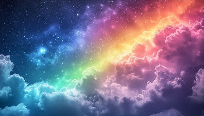 Poster - Vibrant cosmic clouds illuminated by a rainbow spectrum of colors in a starry night sky : Generative AI