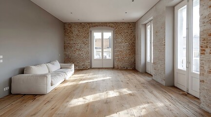 Aufkleber - Empty Room Interior with Brick Wall and Wooden Floor Natural Light and Minimalist Design for Real Estate and Home Decor : Generative AI