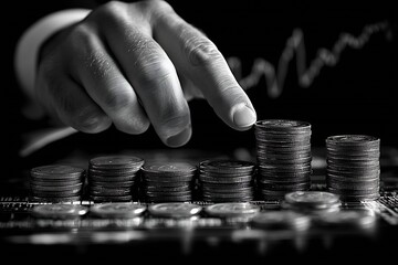 Aufkleber - Black and White Image of Financial Growth Strategy with Coin Stacks and Rising Graph Investment Concept : Generative AI