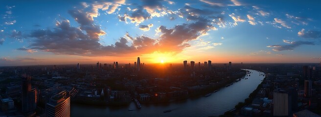 Poster - Spectacular London Skyline at Sunset Panoramic View of Thames River and Iconic Buildings Under Vibrant Cloudy Sky : Generative AI