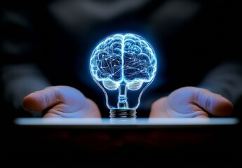 Poster - Creative Lightbulb Brain Design on Tablet in Human Hands Innovation and Ideas Concept : Generative AI