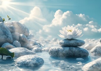 Fototapete - Serene Water Landscape with Stacked Stones and White Lotus Flower A Meditation Harmony View : Generative AI