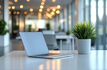 Aufkleber - Minimalist Office Setting with Laptop and Potted Plant on Desk Promoting Productivity and Serene Workspace Environment for Businesses : Generative AI