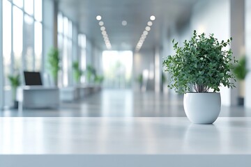 Leinwandbilder - Modern Office Interior with Potted Plant on White Table Bright Lighting and Contemporary Design for Workplace Inspiration : Generative AI