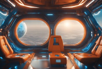 Wall Mural - spaceship planet earth blue futuristic orange 3d view window rendering interior galaxy technology sp