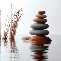 Fototapete - Zen Stones Stacked in Serene Water Setting Peaceful Meditation and Wellness Concept Balance and Harmony Spa Retreat Nature Still Life : Generative AI