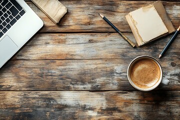 Fototapete - Cozy Workspace Setup with Coffee Laptop and Notebook on Rustic Wood Surface Study and Inspiration : Generative AI