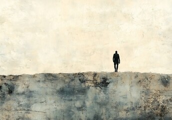 Aufkleber - Solitary figure stands atop a raw textured cliff against a faded pastel background : Generative AI