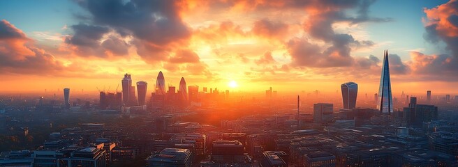 Poster - London Skyline at Sunset Stunning Aerial View of Cityscape Glowing Under Fiery Sky Urban Panorama UK Travel : Generative AI