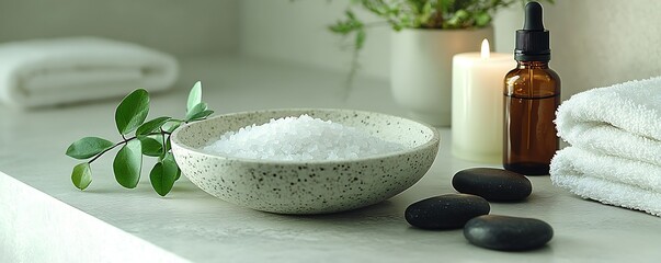 Poster - Zen Spa Still Life with Essential Oils Candles and Natural Stones for Relaxation and Wellness Retreat : Generative AI