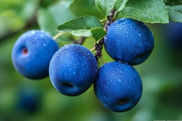 Aufkleber - Fresh Blue Plums with Water Droplets Close Up Macro Shot Summer Fruits Healthy Eating and Natural Food Photography : Generative AI