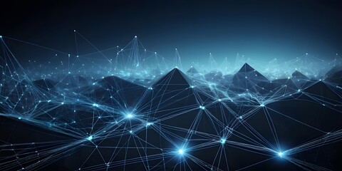 Aufkleber - Abstract Blue Network, Interconnected Nodes Create A Digital Landscape. Vibrant Technology Design With Glowing Dots, Suggesting Data Flow And Communication. Virtual Environment Evokes Modern Concepts.
