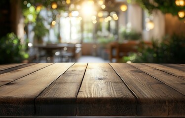Poster - Rustic Wood Table in a Cozy Cafe with Bokeh Lights A Warm and Inviting Setting for Food and Drink Photography : Generative AI