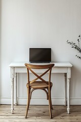 Poster - Minimalist Home Office Setup with Laptop on White Desk and Wooden Chair Against a White Wall for Calm Work Space : Generative AI
