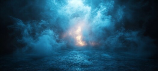 Fototapete - Dramatic Blue Mist Background with Golden Light Effect Ideal for Stage Theater or Digital Design Backdrop : Generative AI