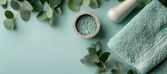 Aufkleber - Minimalist Spa Layout Showcasing Eucalyptus Leaves and Natural Wellness Products : Generative AI