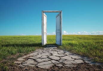 Aufkleber - Serene Open Door Framed by Green Grass and Dry Cracked Ground : Generative AI