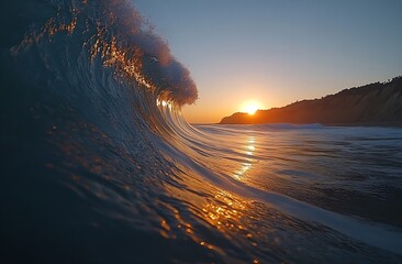 Fototapete - Golden Hour Wave Crashing on Shore with Sunset Lighting and Coastal Landscape : Generative AI