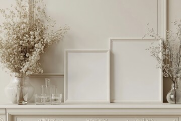 Poster - Elegant Home Decor with Blank Frames and Floral Accents on Mantelpiece Perfect for Interior Design and Minimalist Lifestyle Stock Photos : Generative AI