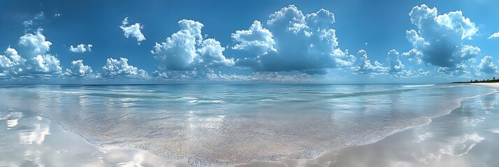 Poster - Breathtaking Panoramic Seascape with White Sand Beach Turquoise Water and Fluffy Clouds Perfect Vacation Spot : Generative AI