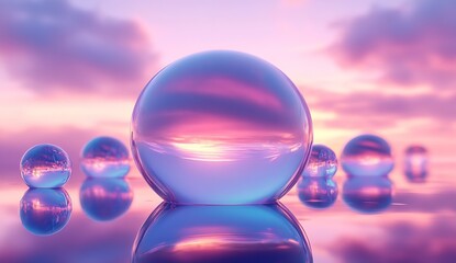 Poster - Stunning reflective spheres capturing the essence of twilight enhancing the serene atmosphere : Generative AI