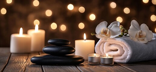 Leinwandbilder - Spa Setting with Black Stones Candles Orchid and Towel on Wooden Table. Relaxing Wellness and Rejuvenation for Body and Mind : Generative AI