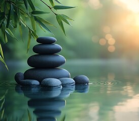 Fototapete - Zen Garden Rocks in Water with Bamboo Leaves and Bokeh Background Meditation and Relaxation Concept for Wellness : Generative AI