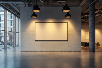 Fototapete - Modern Art Gallery with Blank Canvas and Pendant Lights Minimalist Interior Design Mock Up Poster Frame : Generative AI