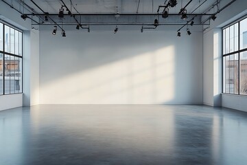Aufkleber - Empty Studio Loft with Large Windows Sunlight and Concrete Floor Modern Architecture Minimal Interior Design Open Space : Generative AI