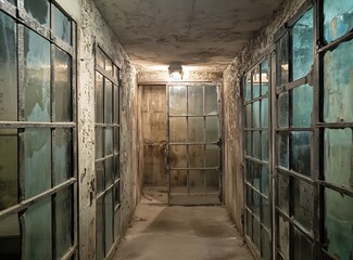 Leinwandbilder - Dimly Lit Hallway with Glass Walls Leading to Unseen Spaces Beyond : Generative AI