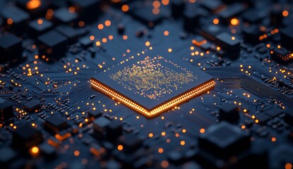 Fototapete - Close up view of a microprocessor on a circuit board with glowing lights demonstrating advanced technology : Generative AI