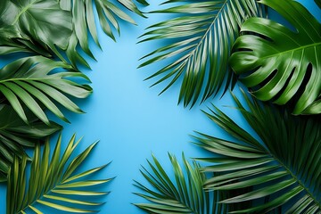 Poster - Tropical Green Leaves on Blue Background Exotic Foliage for Summer Design Nature Inspired Fresh Botanical Backdrop : Generative AI